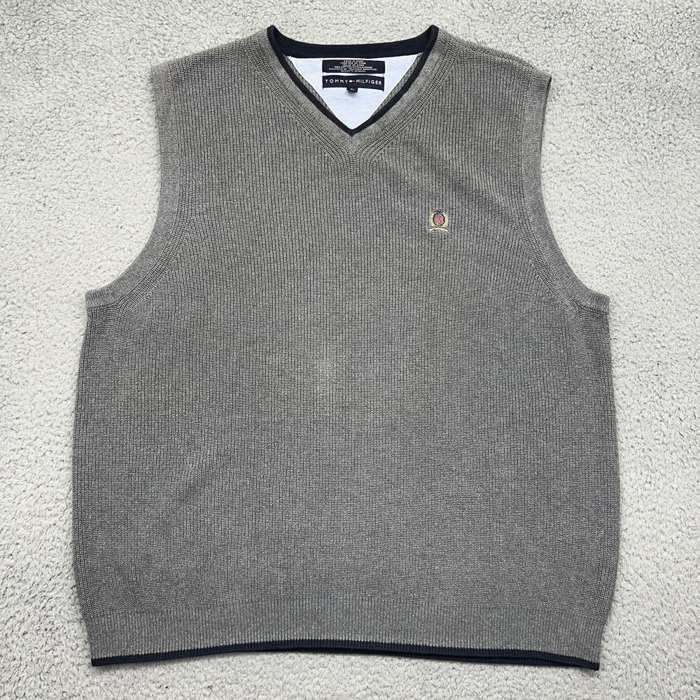 Tommy Hilfiger Men's Size Large Gray 100% Cotton V-Neck Sweater Vest 12VW